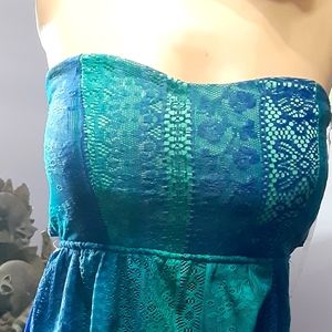 Blue green maxi knee length dress strapless